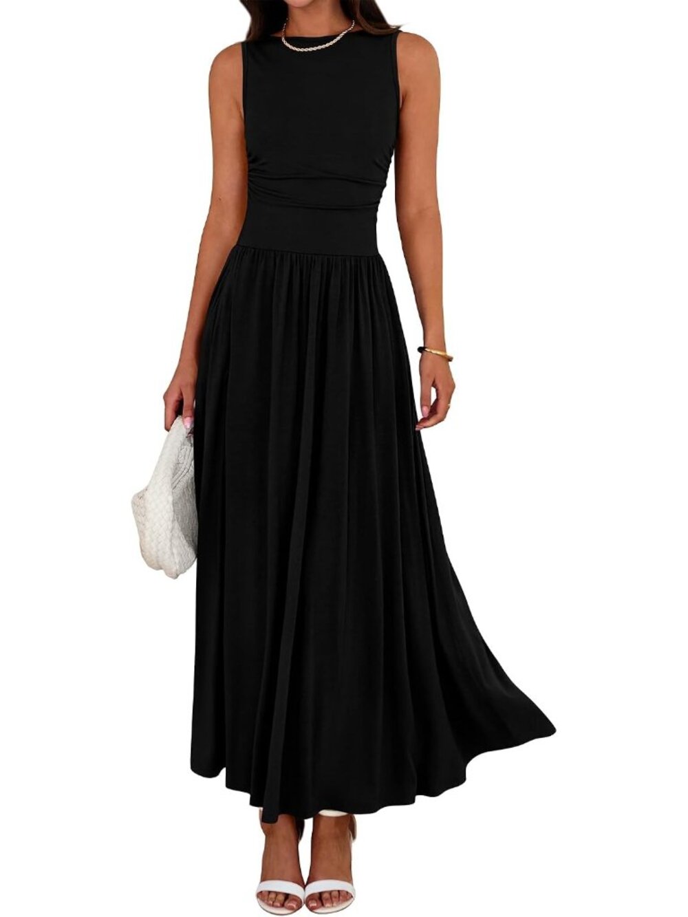 Women's Black Summer Crewneck High Waisted Sleeveless Casual Long Maxi Dresses